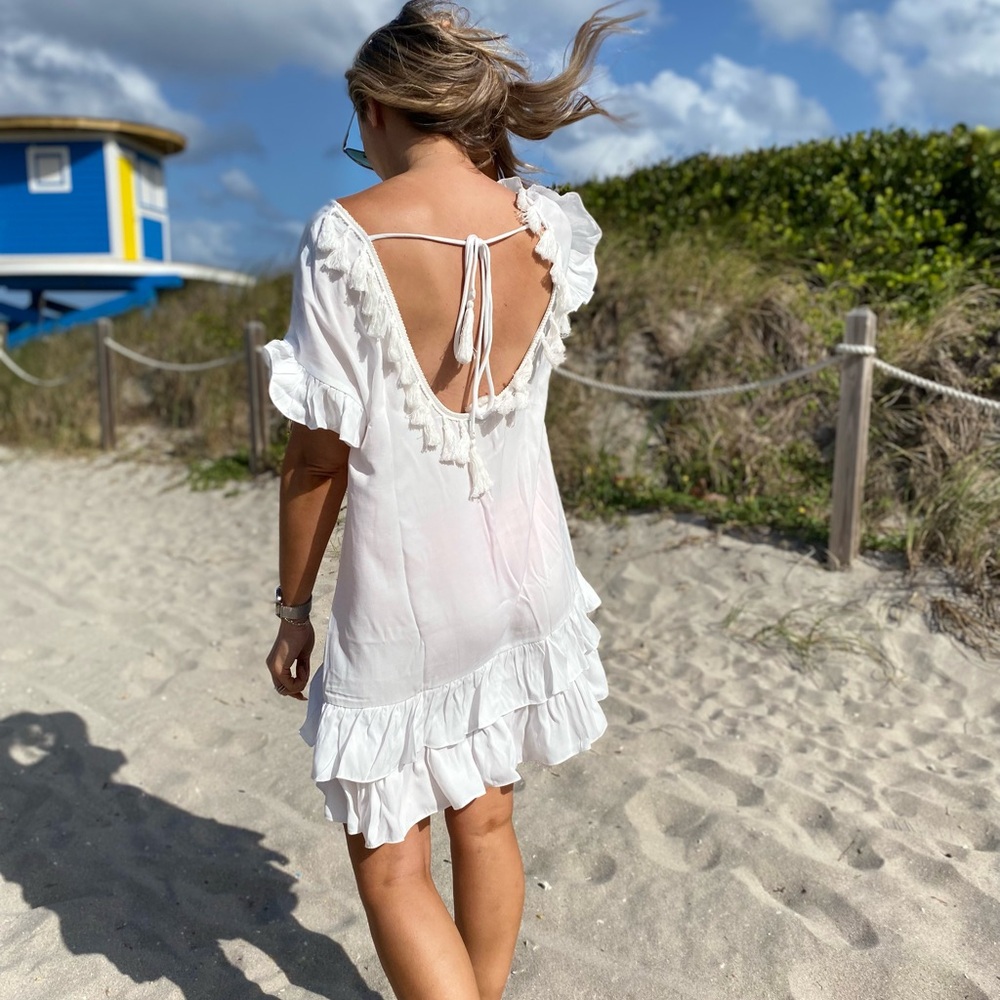 ✨ White Ruffle Beach Dress with Tassel Tie Back ✨